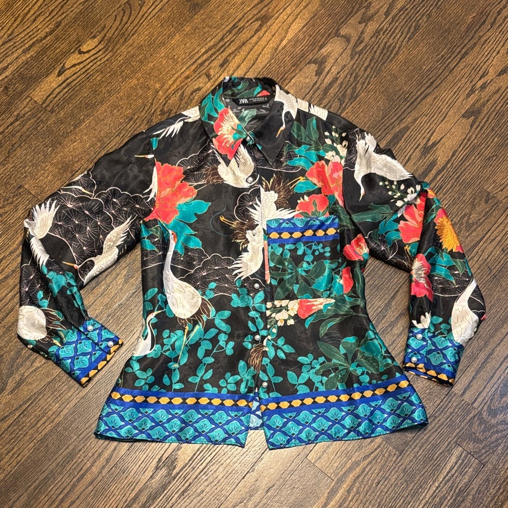 Zara Satin Multicolor Floral and Bird Print Shirt
